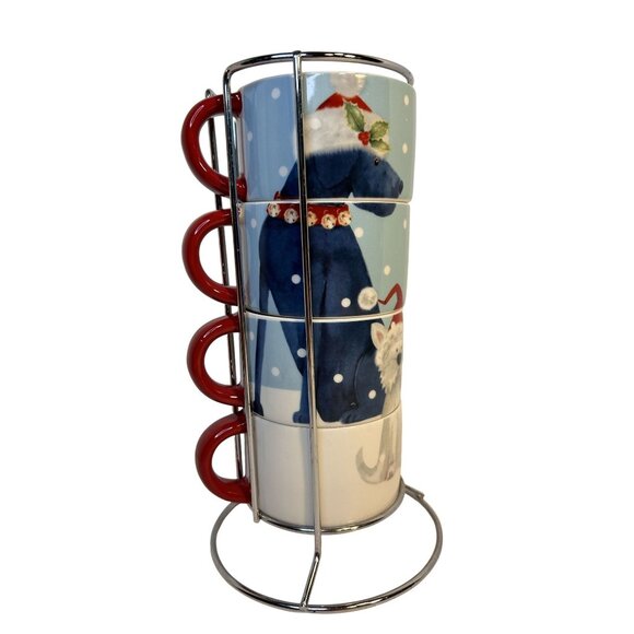 Pier 1 Imports Set-4 Stackable Christmas Winter Doggie Theme Coffee Cups 8 oz - Picture 4 of 8
